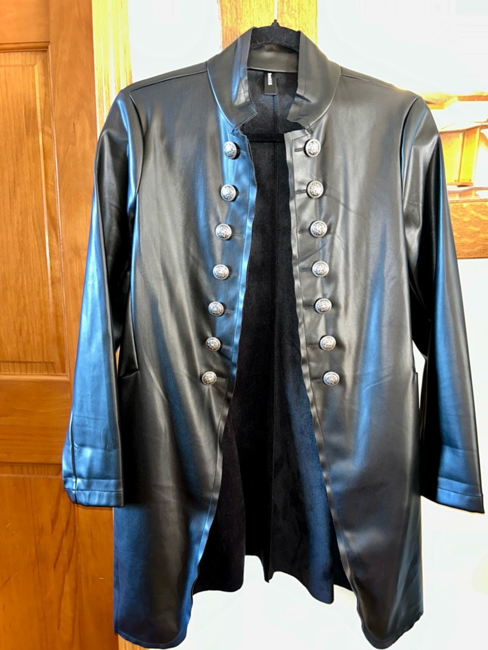 Women’s Black Faux Leather Military-Style Blazer with Silver Buttons